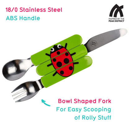 An illustrated kid's cutlery Set with a spoon, knife, and bowl-shaped fork featuring Ladybird handles and stainless steel, plus a travel case.