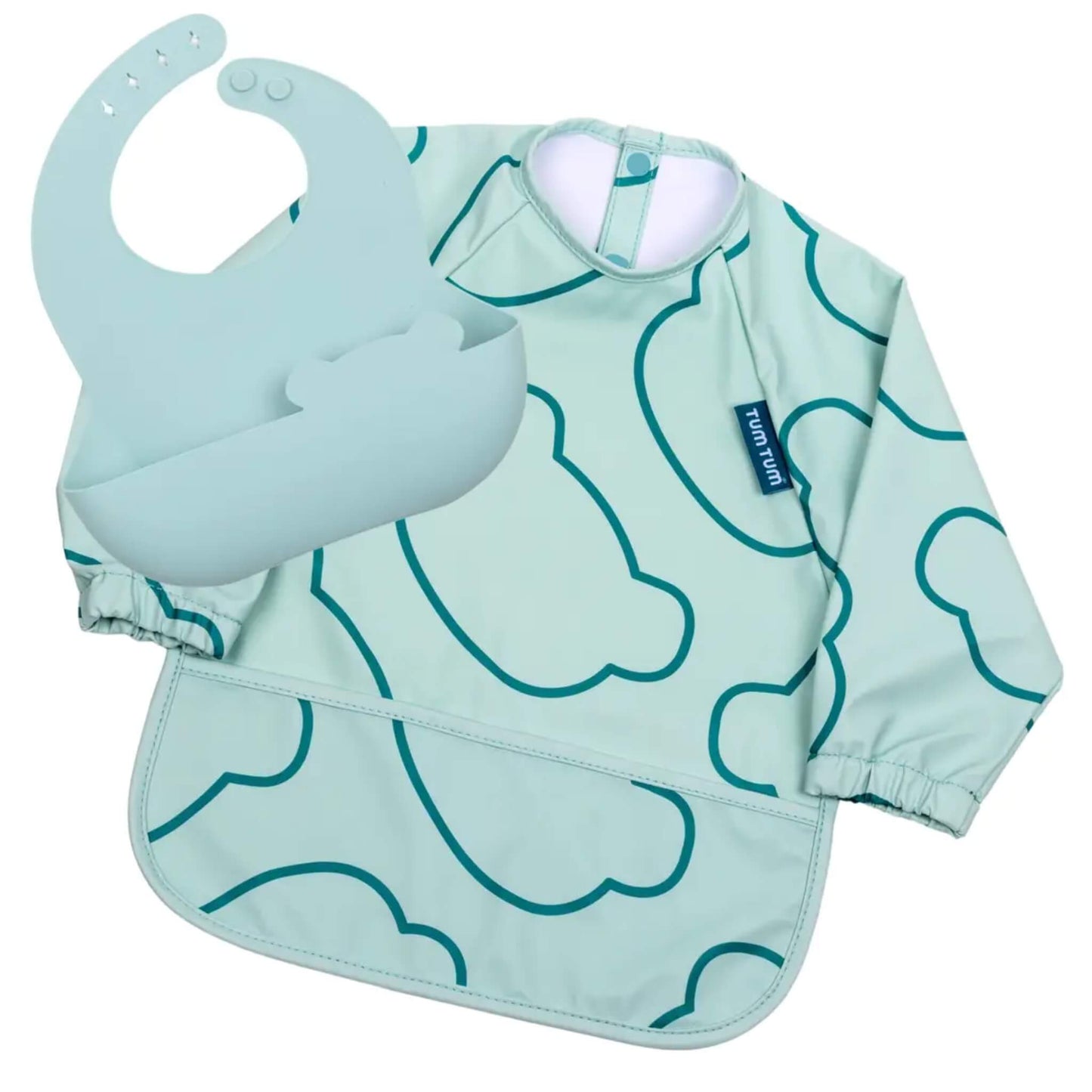 A baby bib and long-sleeve smock set in blue, featuring a cloud pattern and a small blue 'TUM TUM' brand tag, displayed on a clean white background.