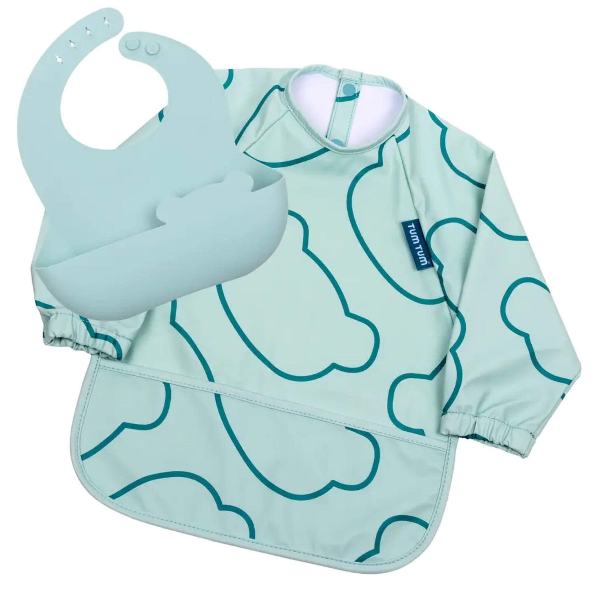 A baby bib and long-sleeve smock set in blue, featuring a cloud pattern and a small blue 'TUM TUM' brand tag, displayed on a clean white background.