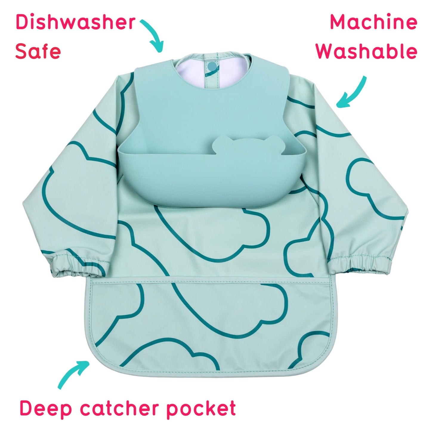 A long-sleeve baby bib and pocket set in a blue colour with a darker blue line pattern, shown on a white background with text callouts highlighting key features like dishwasher safety, machine washability, and a deep catcher pocket.