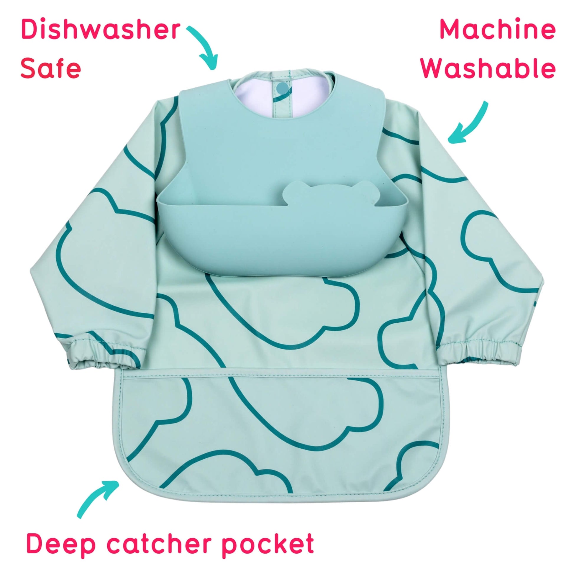 A long-sleeve baby bib and pocket set in a blue colour with a darker blue line pattern, shown on a white background with text callouts highlighting key features like dishwasher safety, machine washability, and a deep catcher pocket.