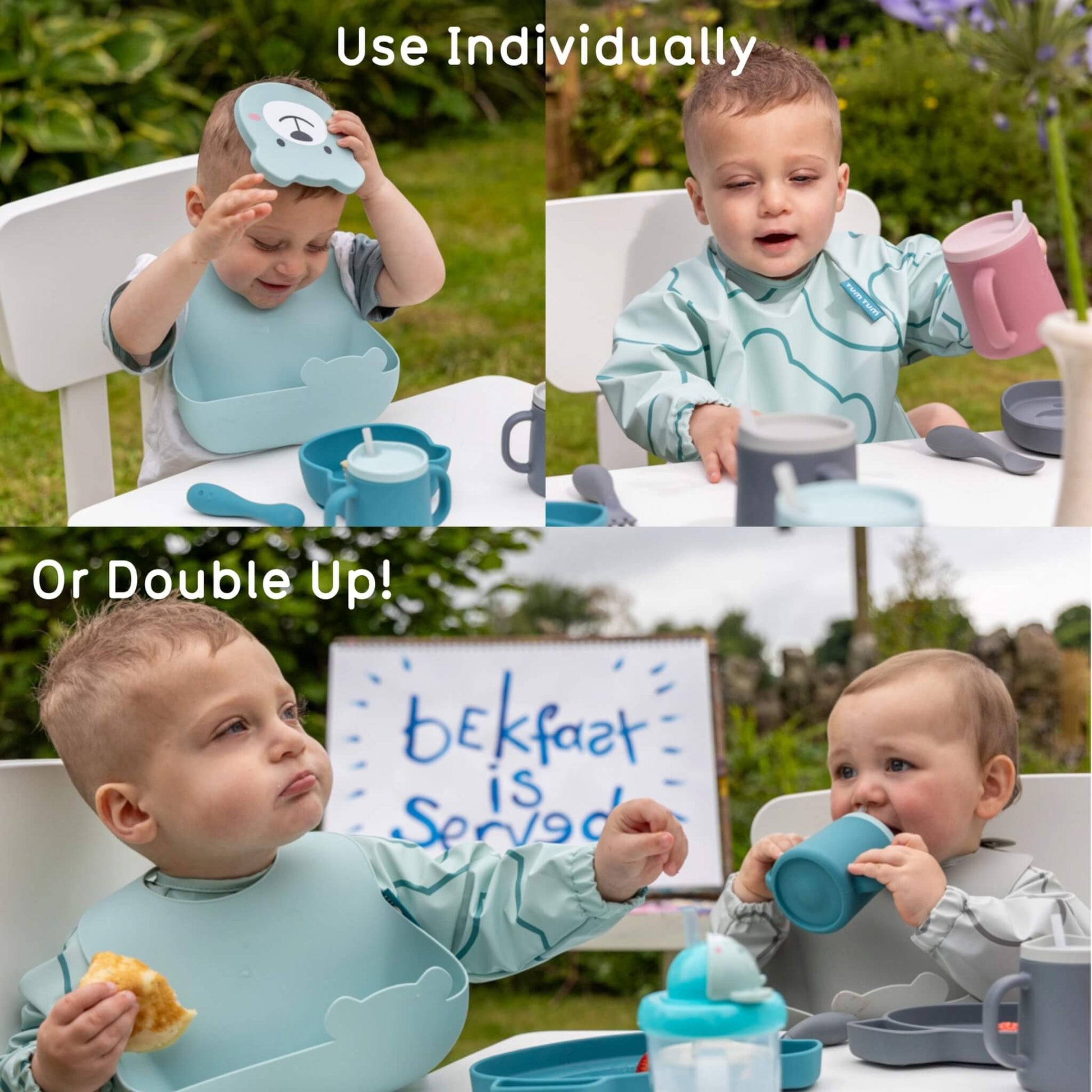 A four-panel collage showing toddlers outdoors at a table using a light blue bib and matching sippy cup set. The top-left panel shows a child wearing the bib alone, and the top-right shows the child holding a pink cup.