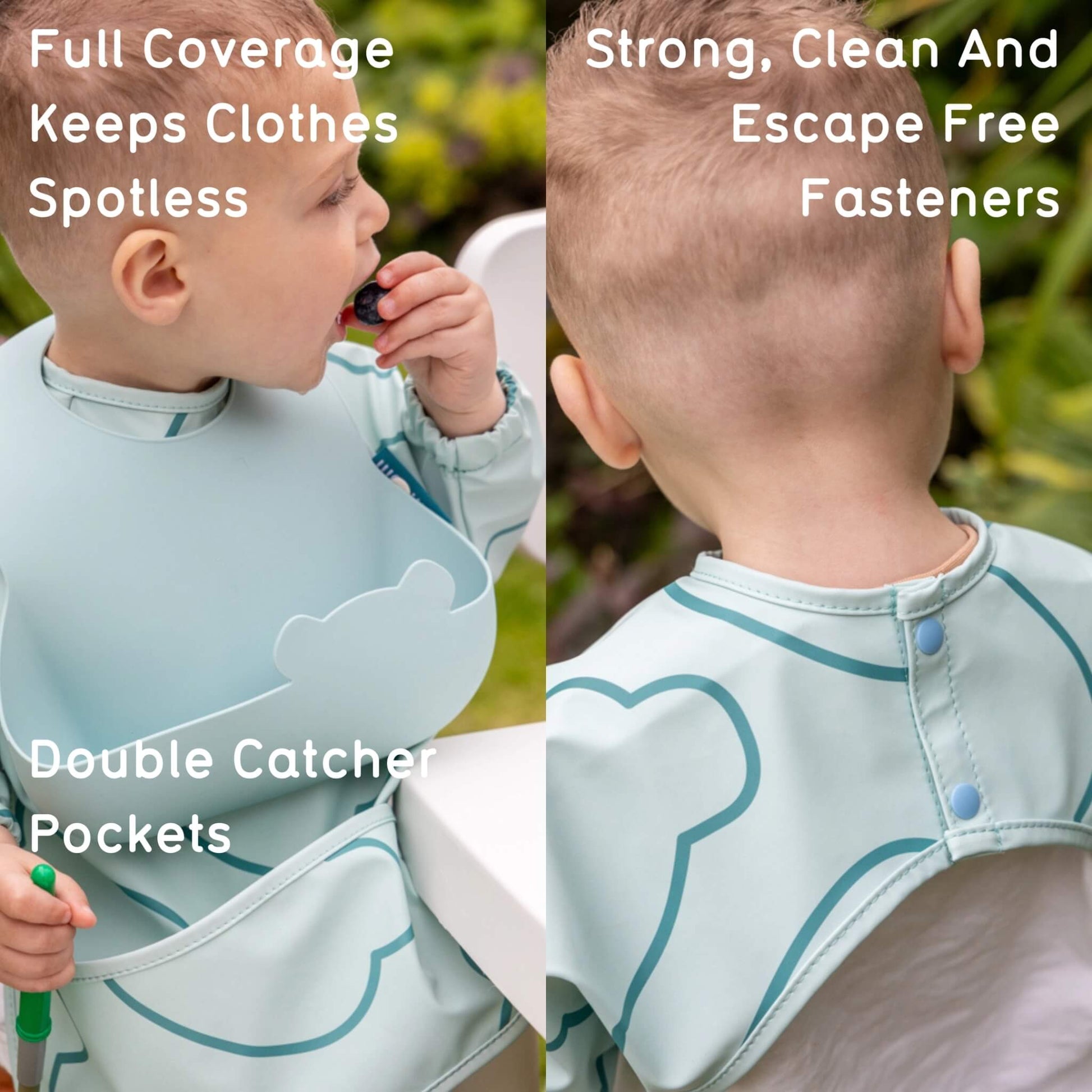 A split-screen lifestyle image showing a baby wearing a light blue bib with teal outlines. The left panel shows the front with text overlays reading 'Full Coverage Keeps Clothes Spotless' and 'Double Catcher Pockets'.