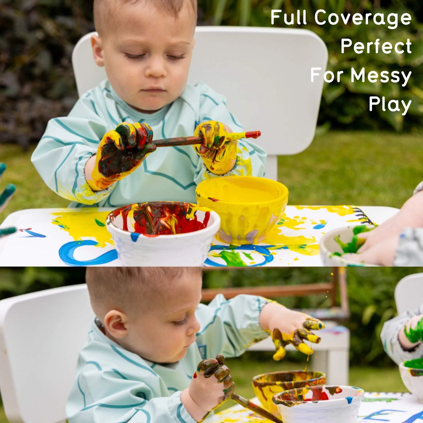 A toddler sitting outdoors at a white table, covered in paint and holding a paintbrush, with bowls of paint on the table. The image is split into two panels, with the top panel showing the child from the chest up and the bottom panel showing a closer view of the child's hands and torso.