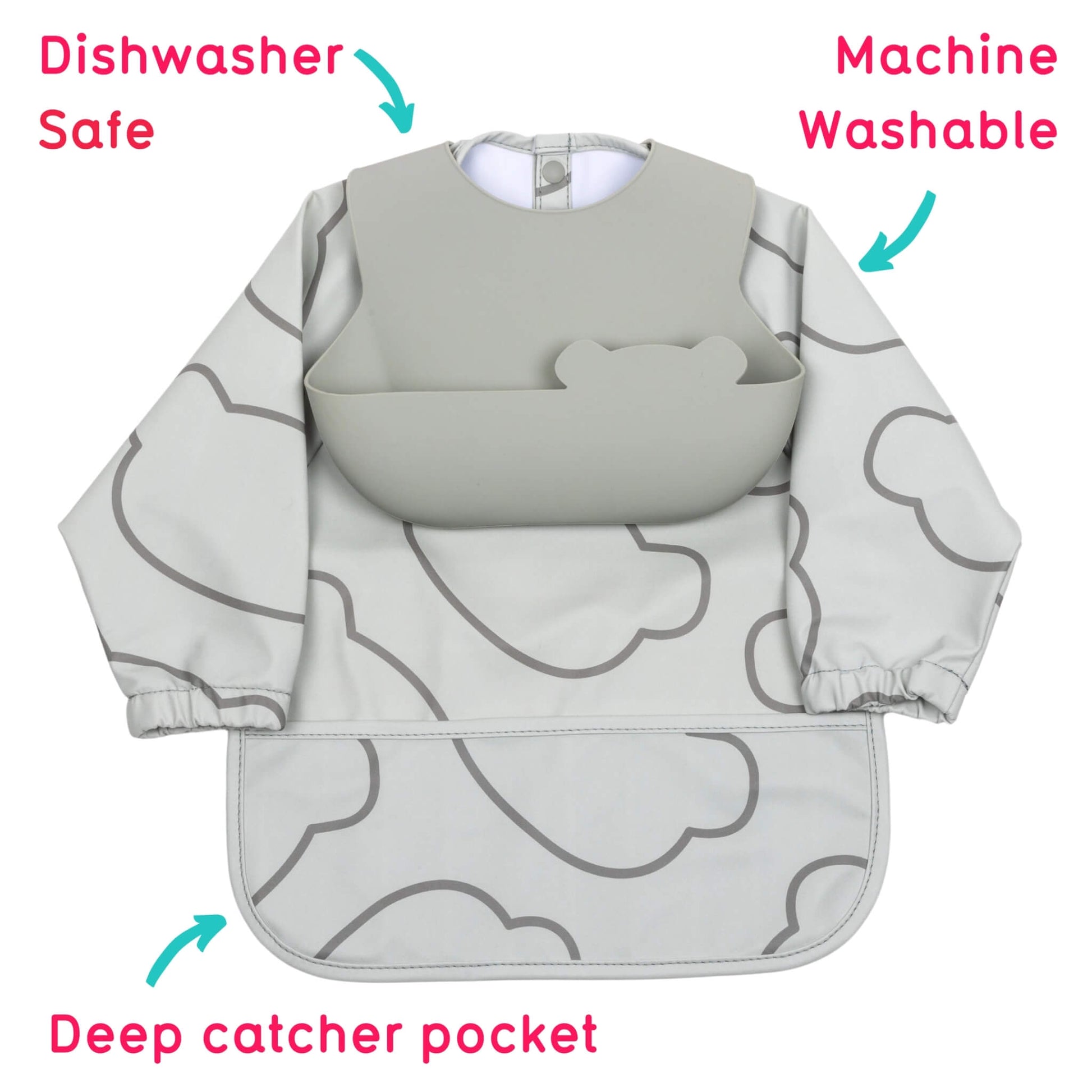 A grey long-sleeved cloud-print bib with a silicone catcher bib fastened over it. Arrows identify the deep pocket, dishwasher-safe silicone and machine-washable coverall.