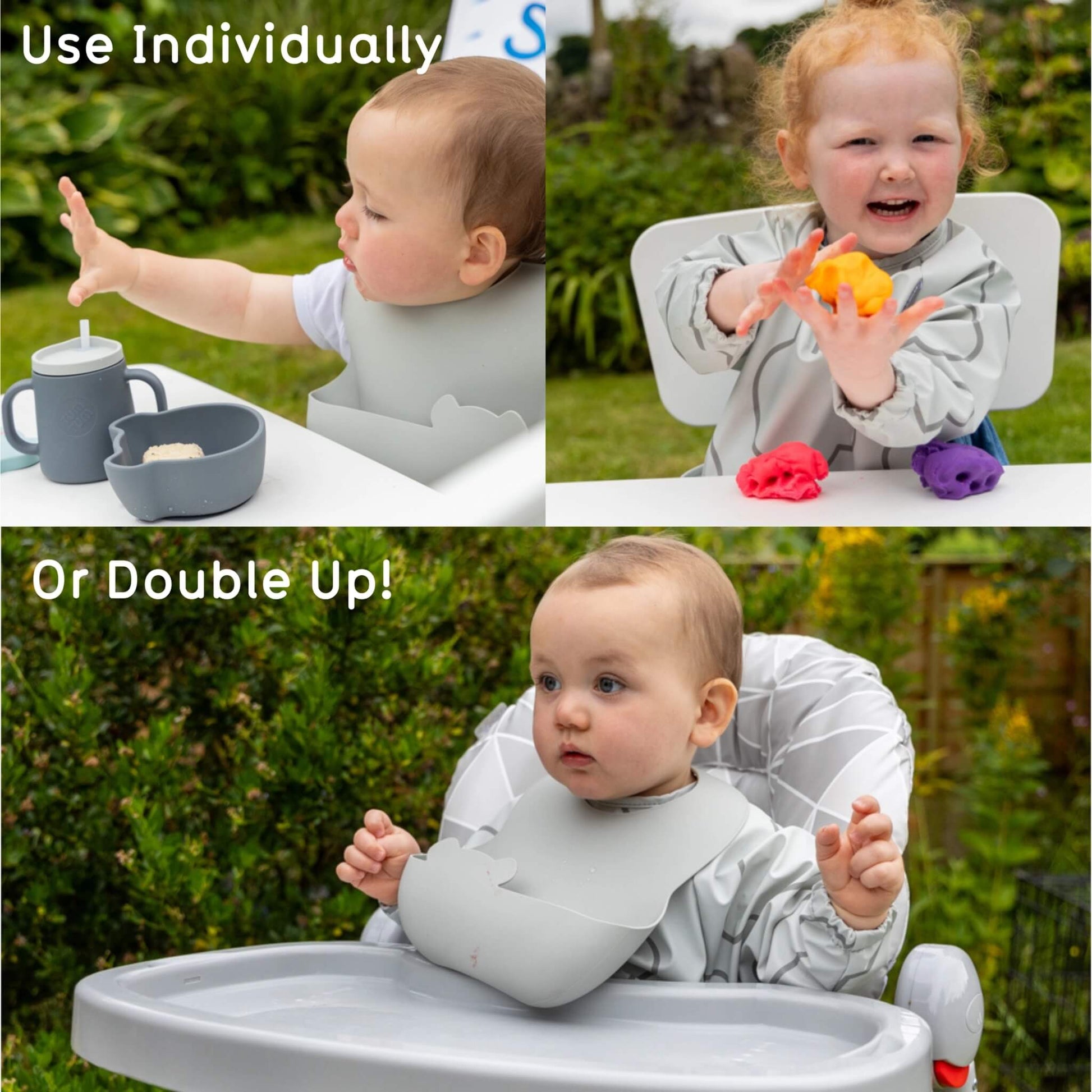 A three-photo collage showing a baby wearing the silicone bib alone, a toddler wearing the long-sleeved bib alone, and both bibs worn together in a highchair.