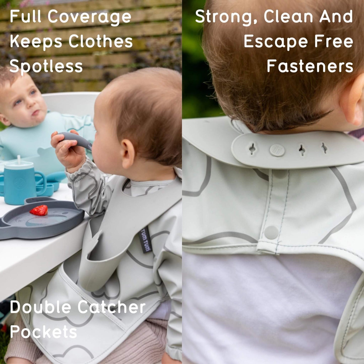 A split image showing a baby eating in both grey bibs beside a close-up of the back, where adjustable silicone and press-stud fastenings secure the two layers.