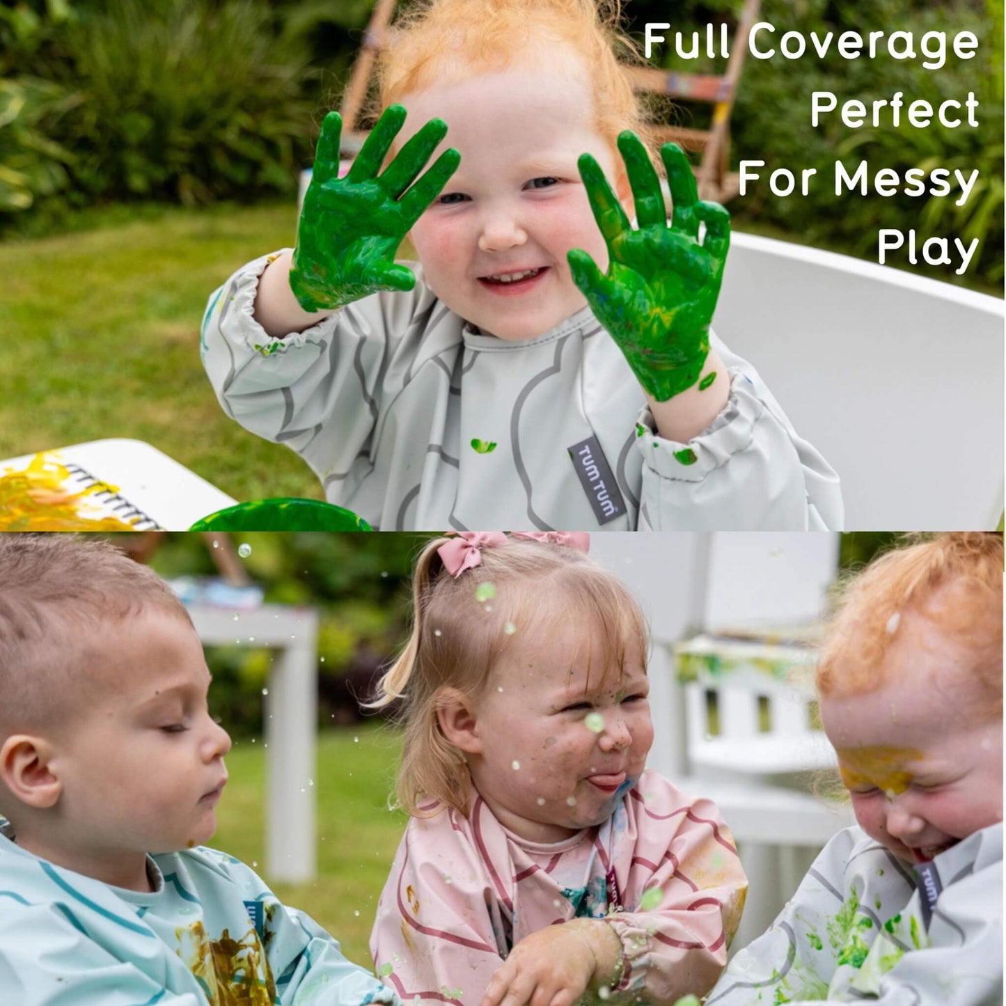 A two-photo collage showing a smiling child holding up paint-covered hands, and three young children splashing paint while wearing long-sleeved coverall bibs outdoors.