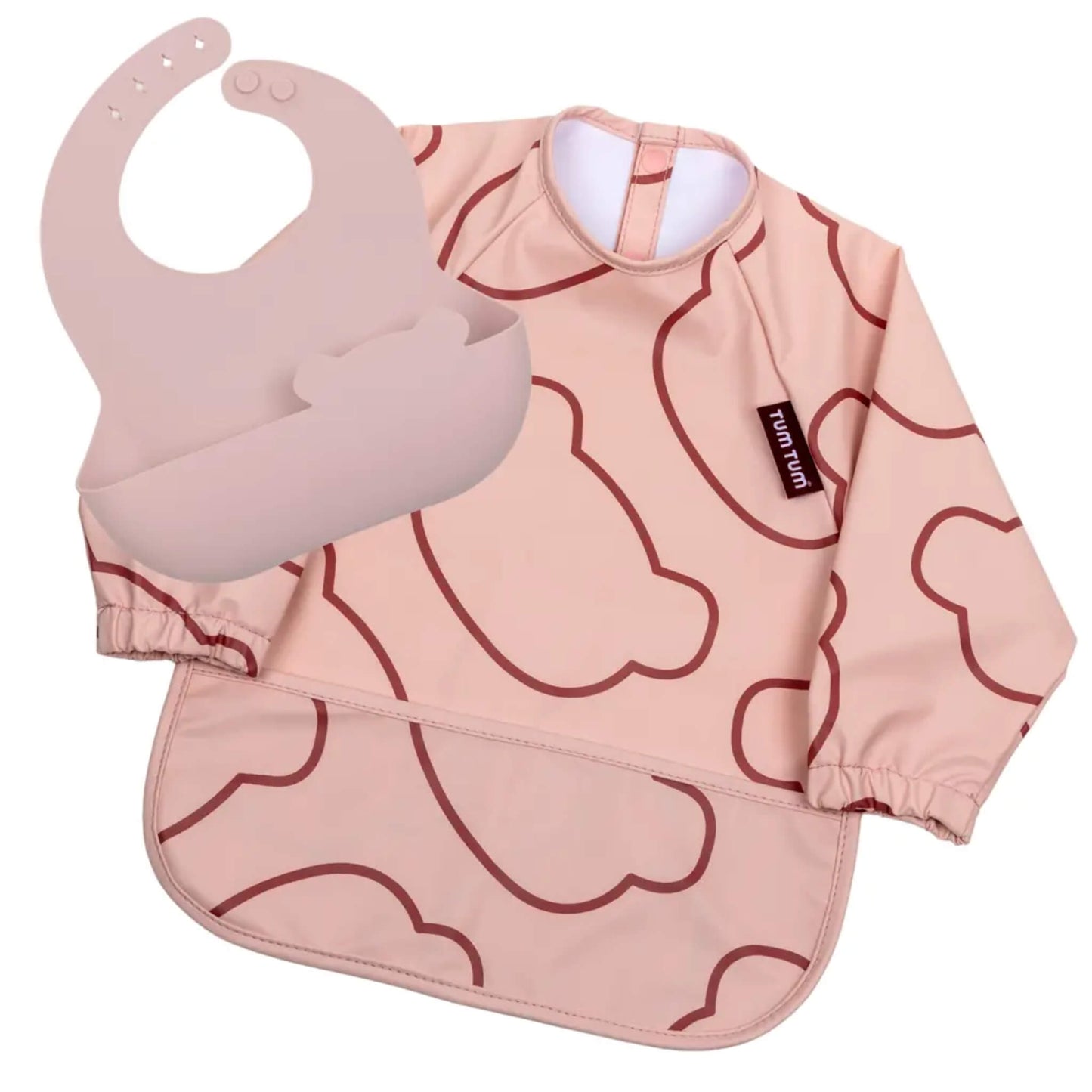 A baby bib and long-sleeve smock set in dusty pink, featuring a cloud pattern in dark red outlines. The set includes a matching pink silicone bib and a long-sleeve smock with a small black brand label that reads 'TUM TUM'.