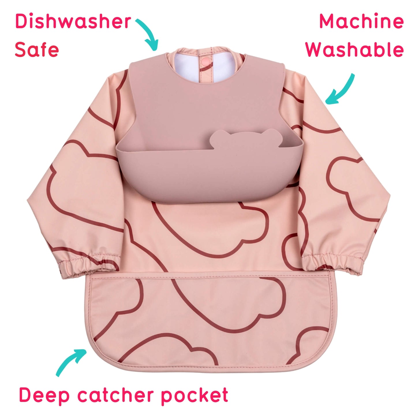 A long-sleeve baby bib with a cloud pattern in dusty pink and dark red, featuring a solid pink bib insert, shown on a white background with text callouts indicating dishwasher safe, machine washable, and deep catcher pocket features.