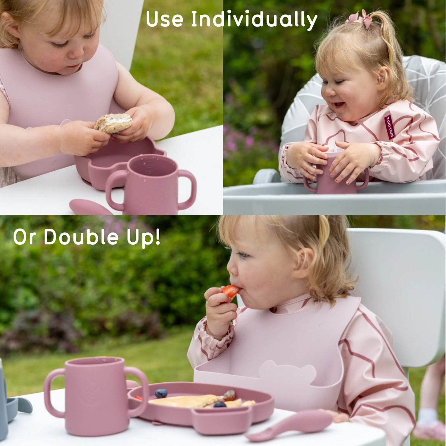 A three-panel collage showing a toddler wearing a light pink bib and using a matching pink feeding set outdoors at a white table. The set includes a bib, a handled cup, and a plate, with text overlays reading 'Use Individually' and 'Or Double Up!'.