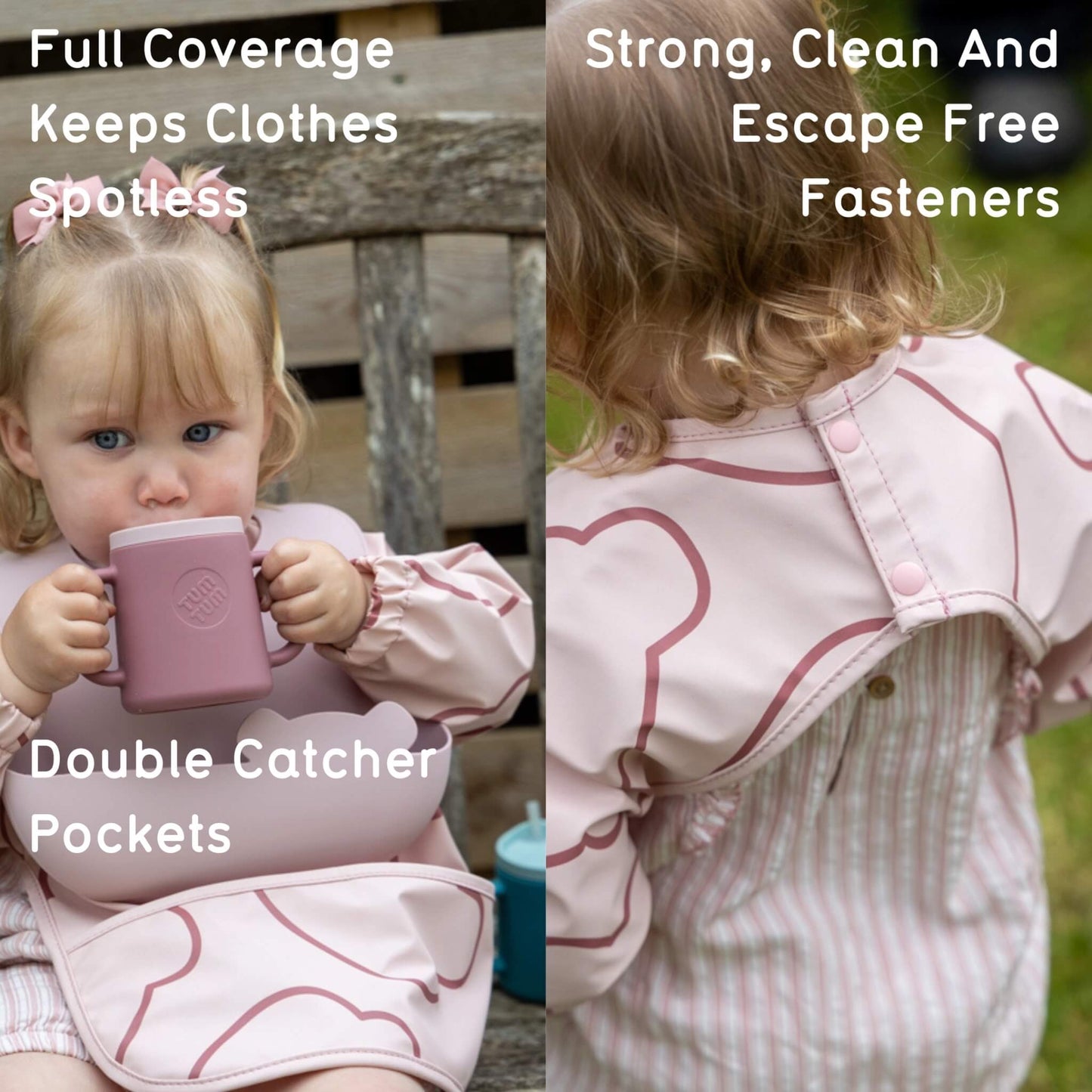 A split-screen lifestyle image showing a toddler wearing a light pink bib with darker pink wavy lines. The left panel shows the child drinking from a matching pink cup outdoors, with text overlays highlighting features like 'Full Coverage Keeps Clothes Spotless' and 'Double Catcher Pockets'.