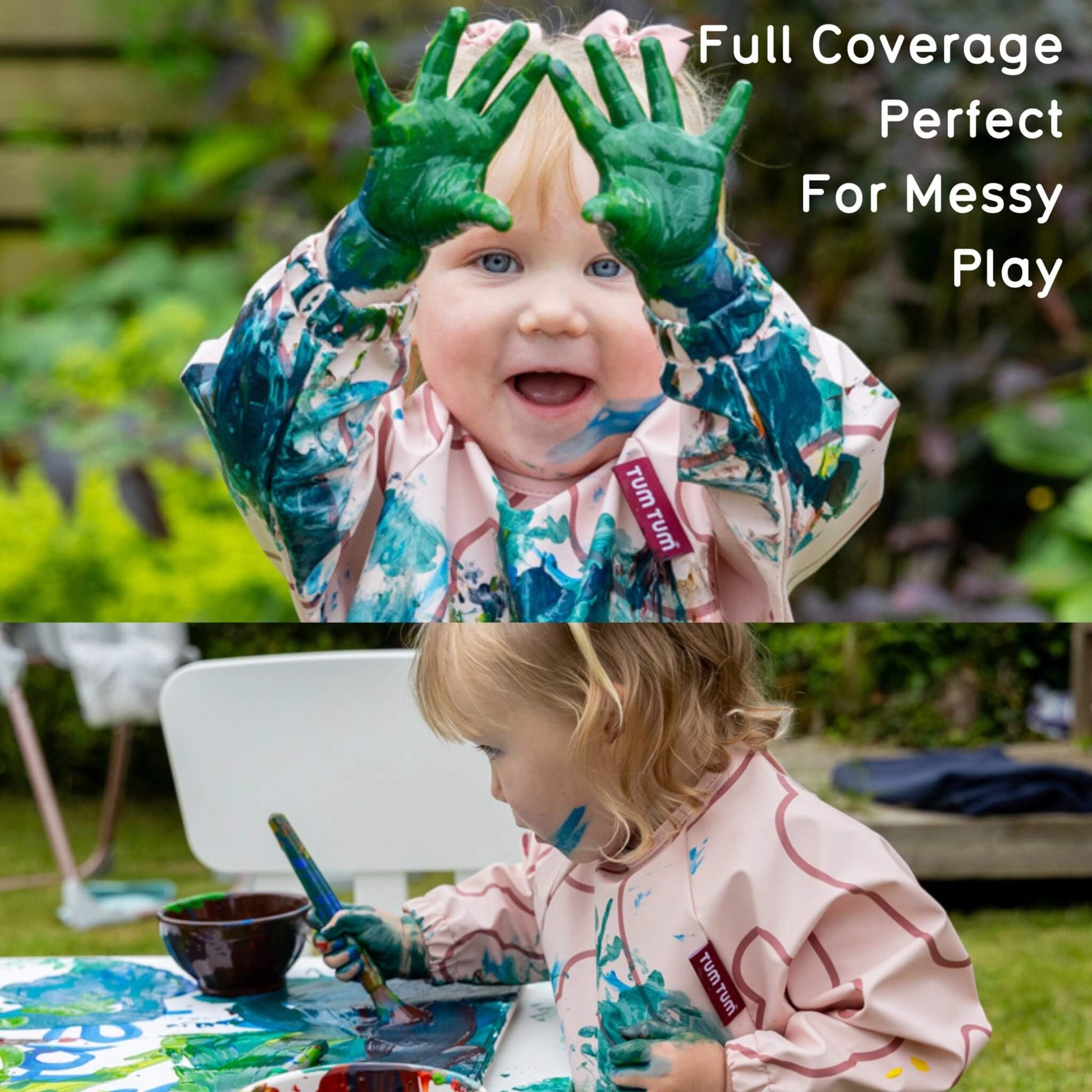A toddler wearing a pink paint-splattered protective jacket is shown outdoors, with green paint-covered hands raised over their face in one panel and painting at a table in another. White text on the right reads 'Full Coverage Perfect For Messy Play.