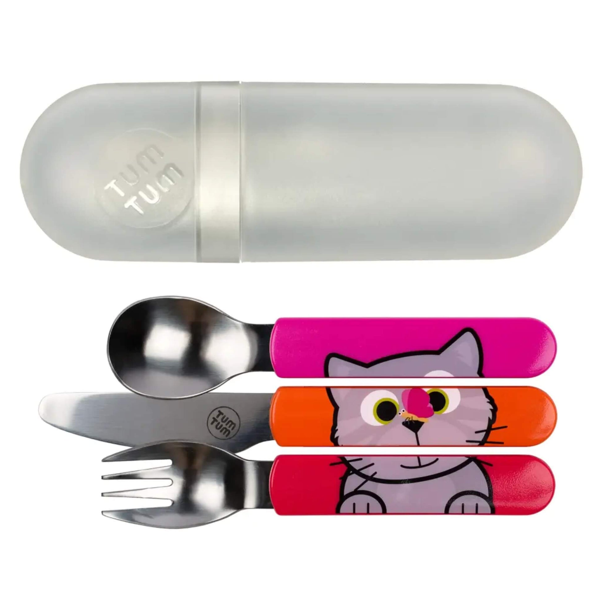 A set of three children's utensils with colorful handles featuring a cartoon cat illustration, shown with a translucent capsule-style storage case on a white background.