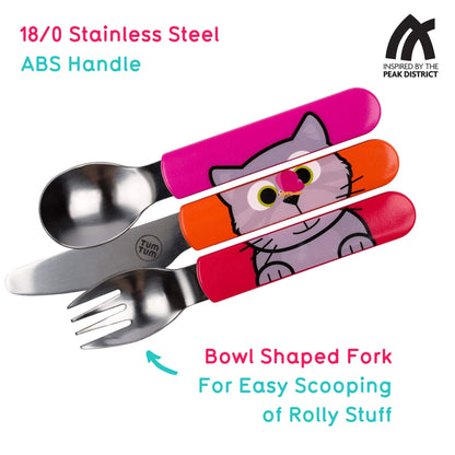 Three children's utensils with ABS handle: a spoon, a fork, and a bowl-shaped fork, featuring bright pink, orange, and red handles with a cartoon cat illustration. Text highlights '18/0 Stainless Steel ABS Handle' and 'Bowl Shaped Fork For Easy Scooping of Rolly Stuff.