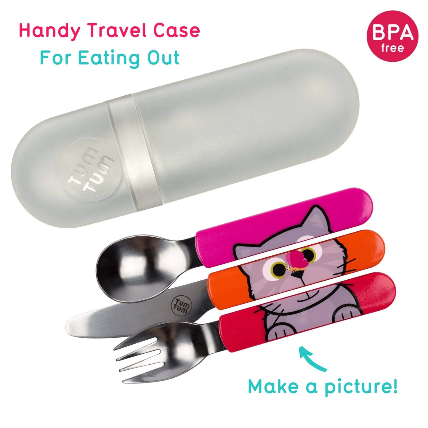 Travel case with cartoon cat-themed cutlery set on a white background