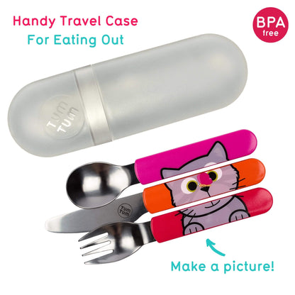 Travel case with cartoon cat-themed cutlery set on a white background