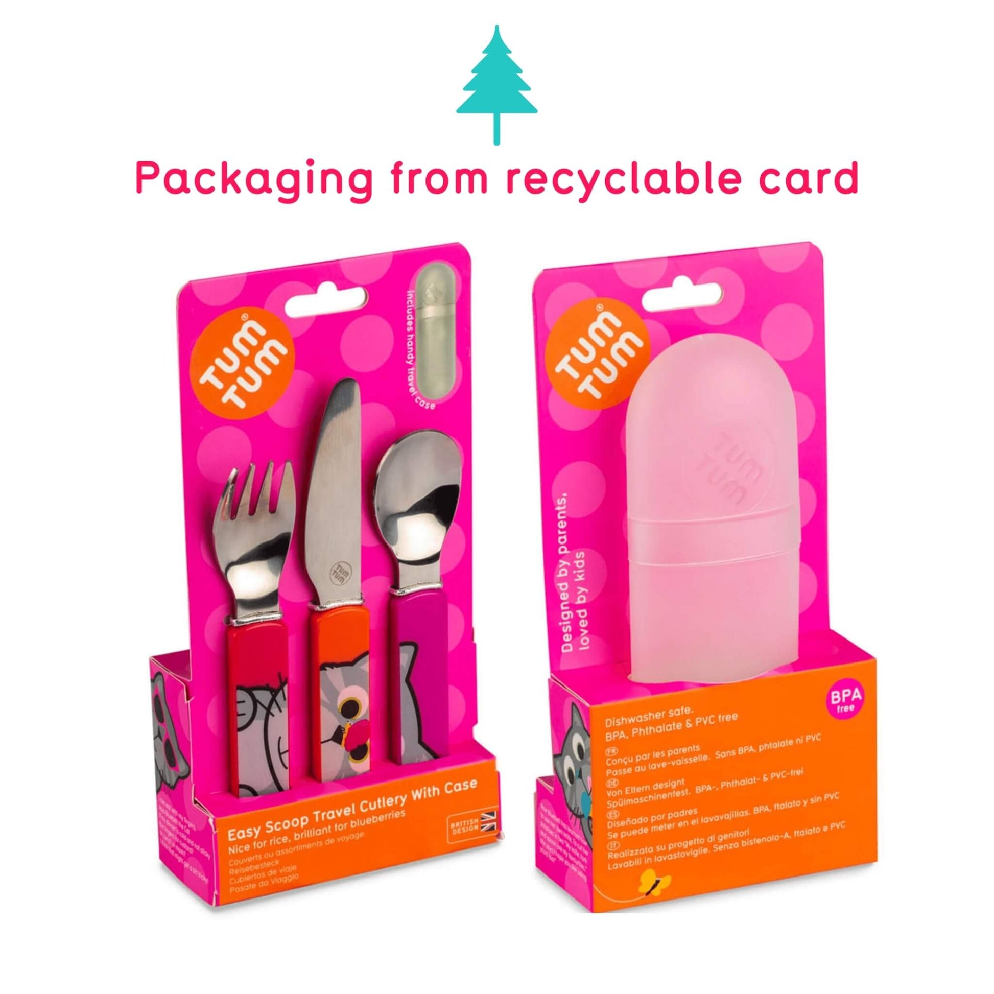 Two pink Tum Tum travel cutlery and case sets in retail packaging on a white background, with pink text above reading 'Packaging from recyclable card' and a small teal tree icon.