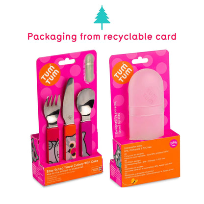 Two pink Tum Tum travel cutlery and case sets in retail packaging on a white background, with pink text above reading 'Packaging from recyclable card' and a small teal tree icon.