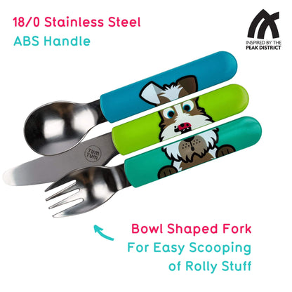 A children's stainless steel utensil set with three bowl-shaped utensils: a fork, a spoon, and a knife, featuring colorful handles in blue, green, and teal with a cartoon dog graphic. Text on the image highlights '18/0 Stainless Steel ABS Handle' and 'Bowl Shaped Fork For Easy Scooping of Rolly Stuff,' with an 'Inspired by the Peak District' logo in the top right.
