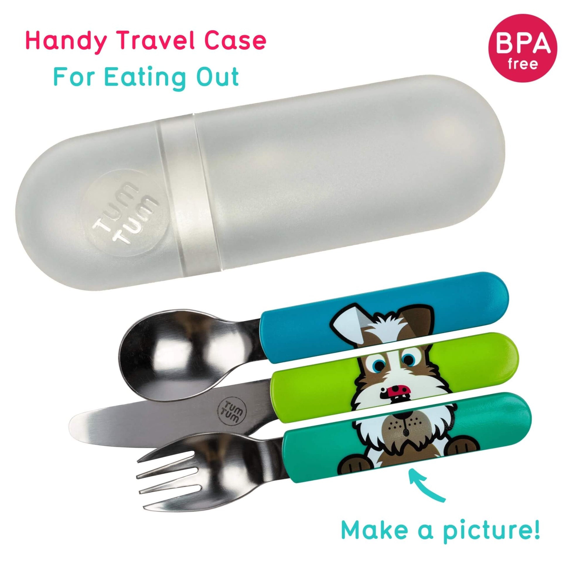 A titanium travel utensil set with a matching translucent capsule case, shown with colorful handles featuring a cartoon dog illustration. Text on the image reads 'Handy Travel Case For Eating Out' and 'Make a picture!' with a 'BPA free' badge.