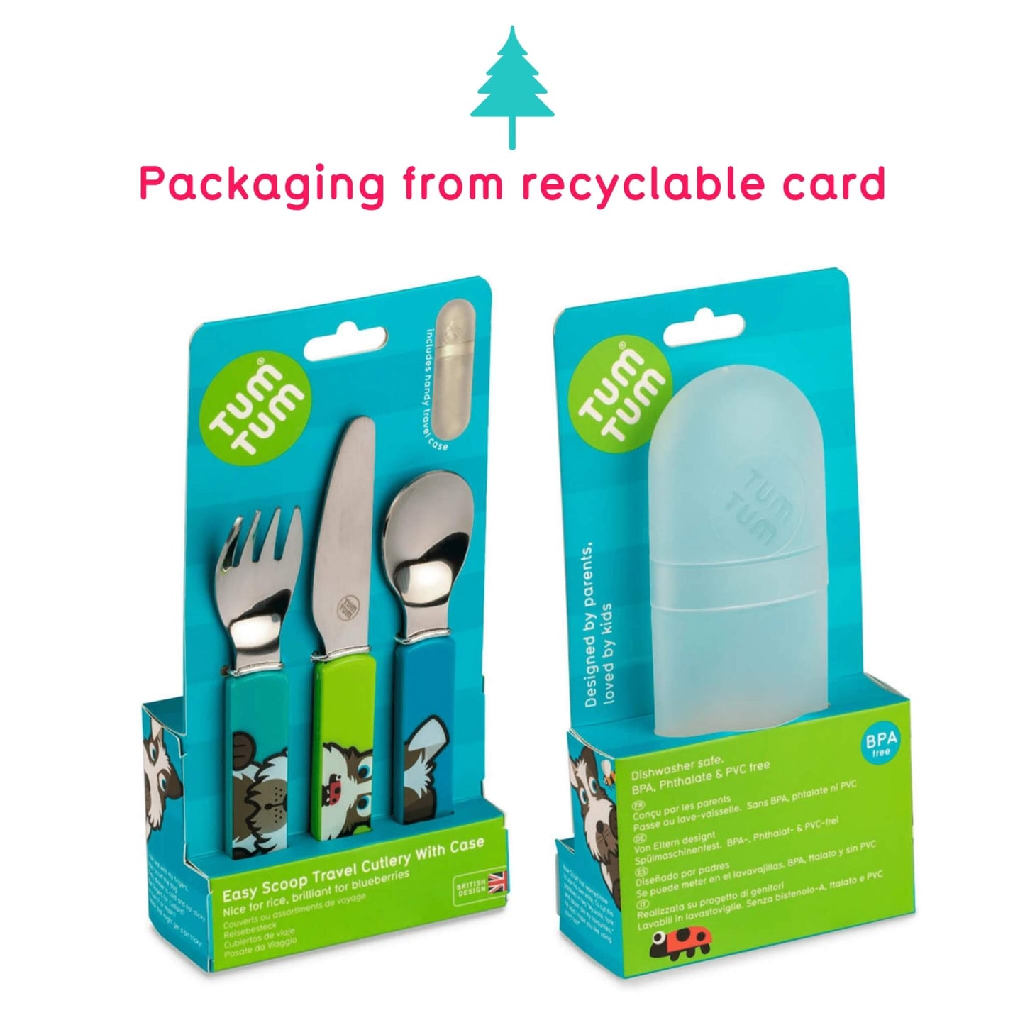 Two Tum Tum travel cutlery packages shown on a white background with pink text reading 'Packaging from recyclable card' above. The left package contains stainless steel travel cutlery with blue and green handles, and the right package shows a translucent blue storage case.