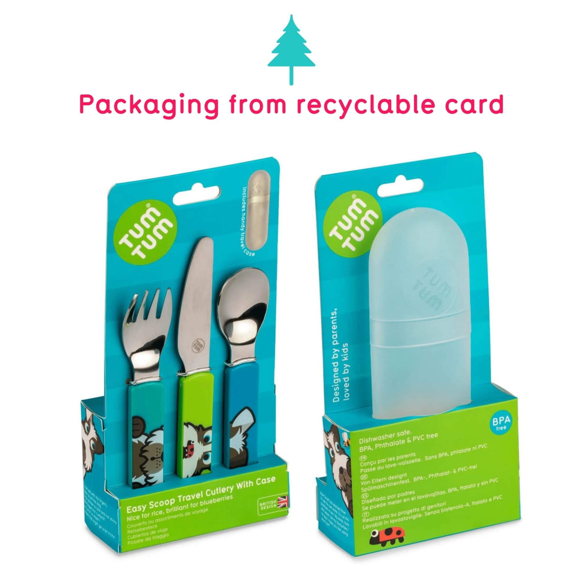 Two Tum Tum travel cutlery packages shown on a white background with pink text reading 'Packaging from recyclable card' above. The left package contains stainless steel travel cutlery with blue and green handles, and the right package shows a translucent blue storage case.