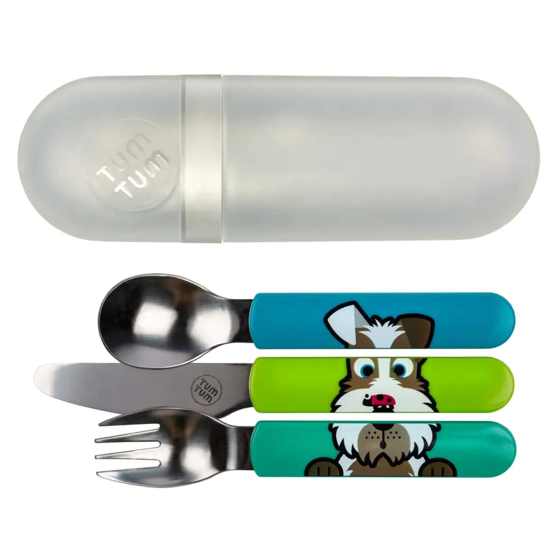 TUM TUM Easy Scoop Cutlery Set in the Scruff the Dog design with spoon, fork, knife and travel case.
