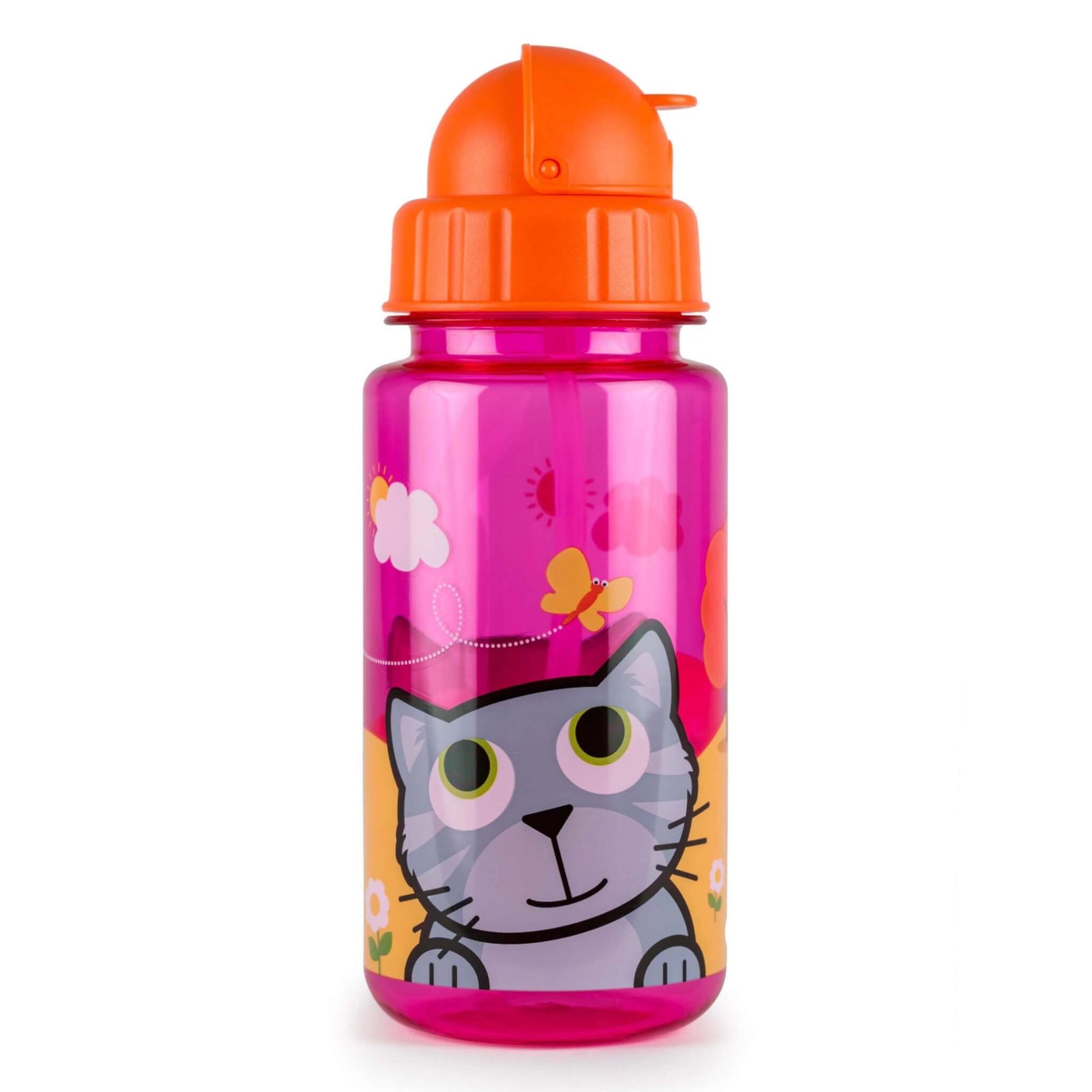 A TUM TUM children's water bottle with a bright orange flip-top lid and a translucent pink body featuring a cartoon grey cat illustration on the front.