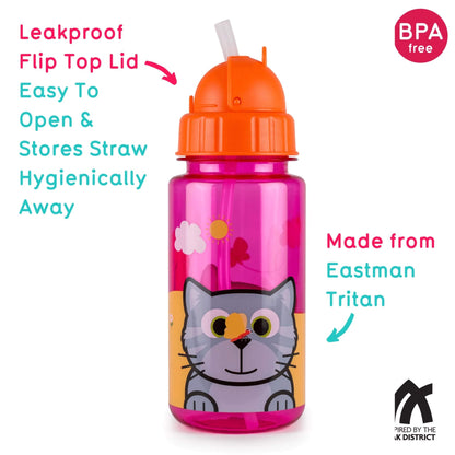 A pink and orange plastic flip-top water bottle with a cartoon cat graphic, shown on a white background with promotional text callouts and a BPA-free badge.