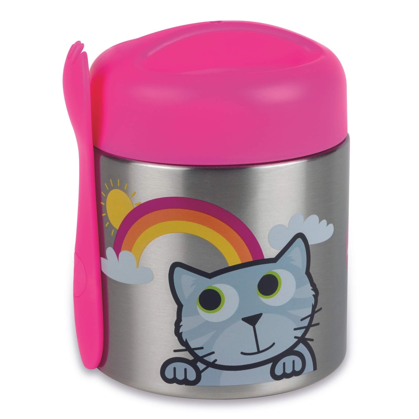 A stainless steel TUM TUM lunch container with a bright pink lid and matching pink spoon, decorated with a cartoon grey cat, rainbow, sun, and clouds on a white background.