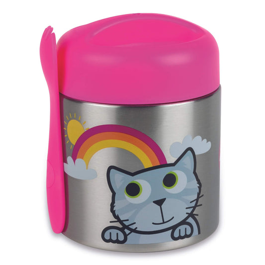 A stainless steel TUM TUM lunch container with a bright pink lid and matching pink spoon, decorated with a cartoon grey cat, rainbow, sun, and clouds on a white background.