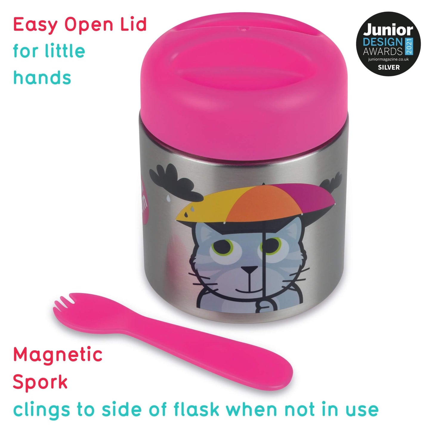 A stainless steel lunch flask with a bright pink lid, featuring a cartoon cat wearing a rainbow hat. A matching pink magnetic spork is shown in front on a white background, with text highlighting features like 'Easy Open Lid' and a 'Junior Design Awards Silver' badge.