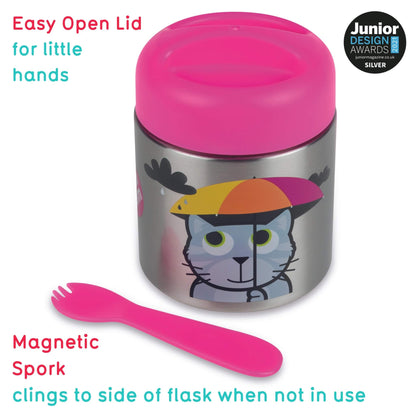 A stainless steel lunch flask with a bright pink lid, featuring a cartoon cat wearing a rainbow hat. A matching pink magnetic spork is shown in front on a white background, with text highlighting features like 'Easy Open Lid' and a 'Junior Design Awards Silver' badge.