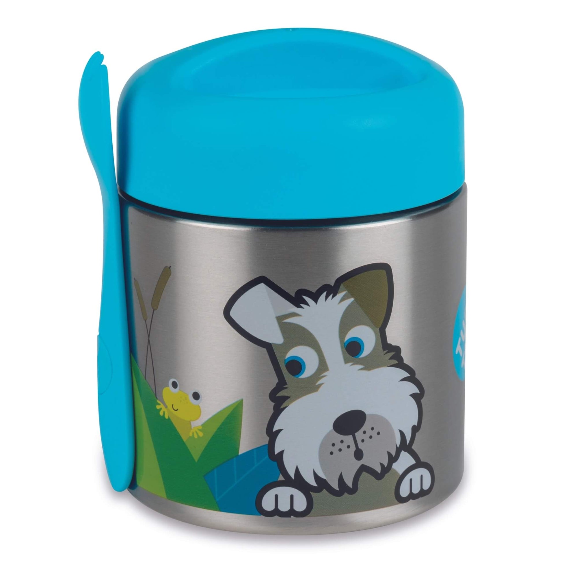A TUM TUM stainless steel lunch container with a bright blue lid and matching blue silicone side handle and spoon. The container features a cartoon illustration of a scruffy dog, a green leaf, and a small yellow frog on a white background.