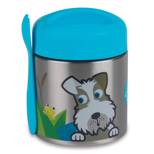 A TUM TUM stainless steel lunch container with a bright blue lid and matching blue silicone side handle and spoon. The container features a cartoon illustration of a scruffy dog, a green leaf, and a small yellow frog on a white background.