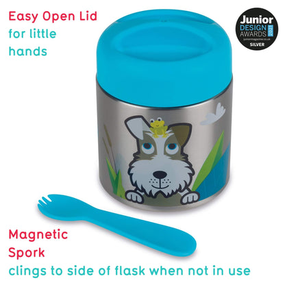 A silver insulated food jar with a bright blue lid, featuring a cartoon dog and frog illustration on the front. A matching blue magnetic spoon is shown below.
