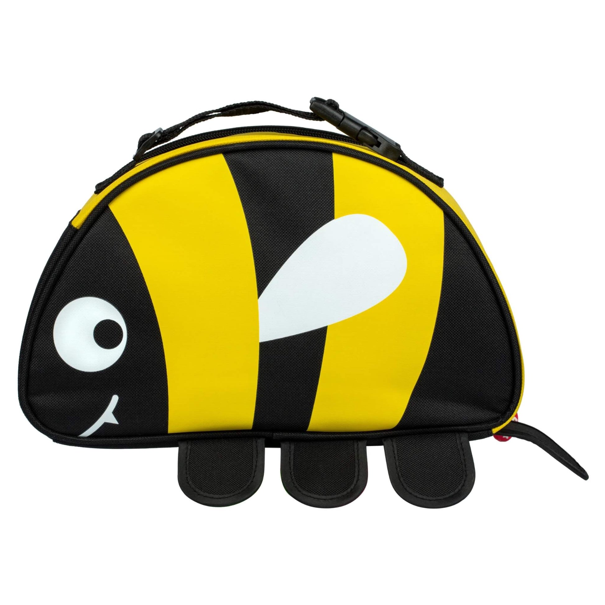 TUM TUM Insulated Lunch Bag in bee design with black and yellow panels, smiling bee face graphic, zip closure, and clip-on carry handle.