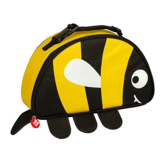 Bee-shaped insulated lunch bag shown from a side angle, highlighting curved shape, zip opening, and black carry handle with clip.