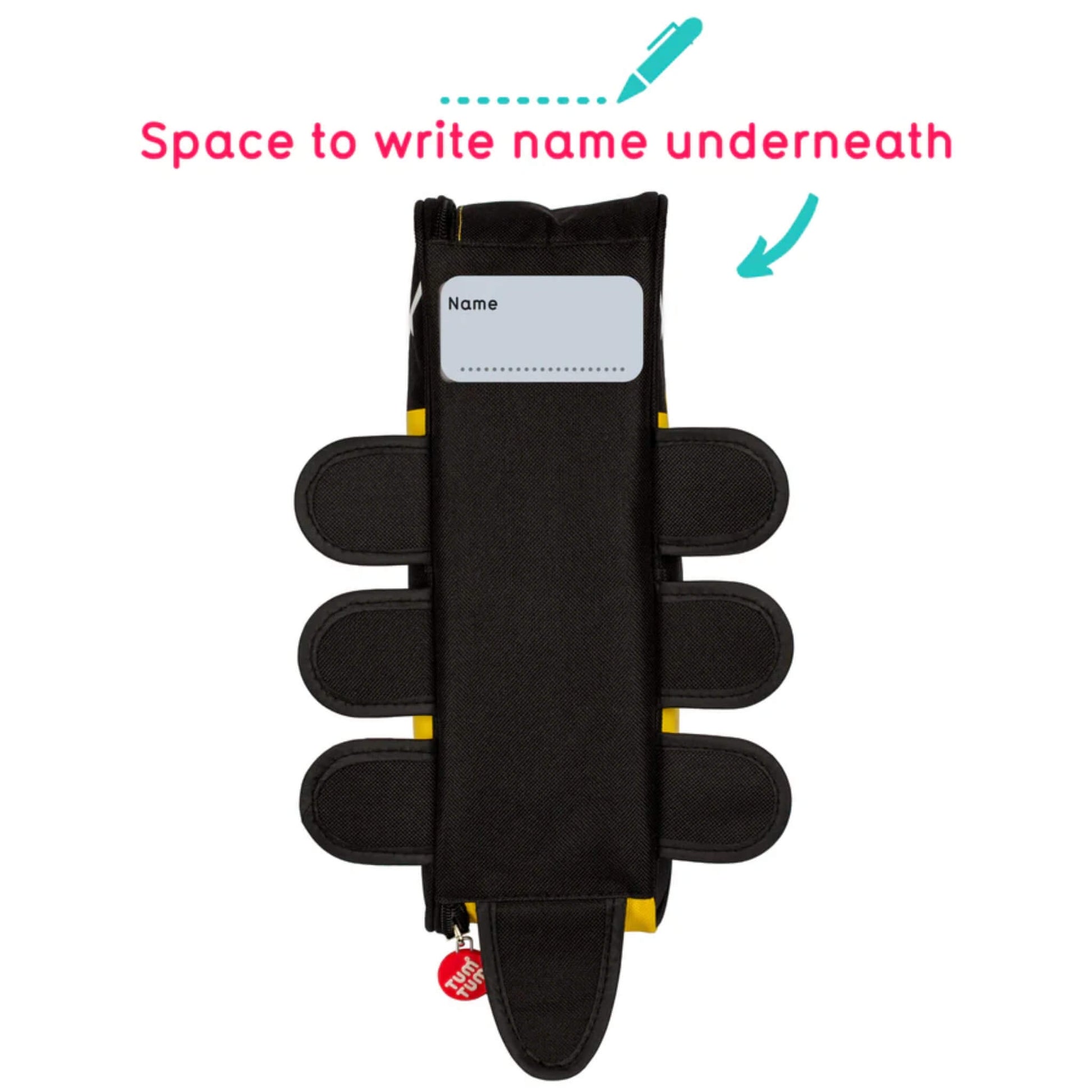 Underside of insulated lunch bag showing fabric base with stitched name label area and multiple folded fabric tabs.