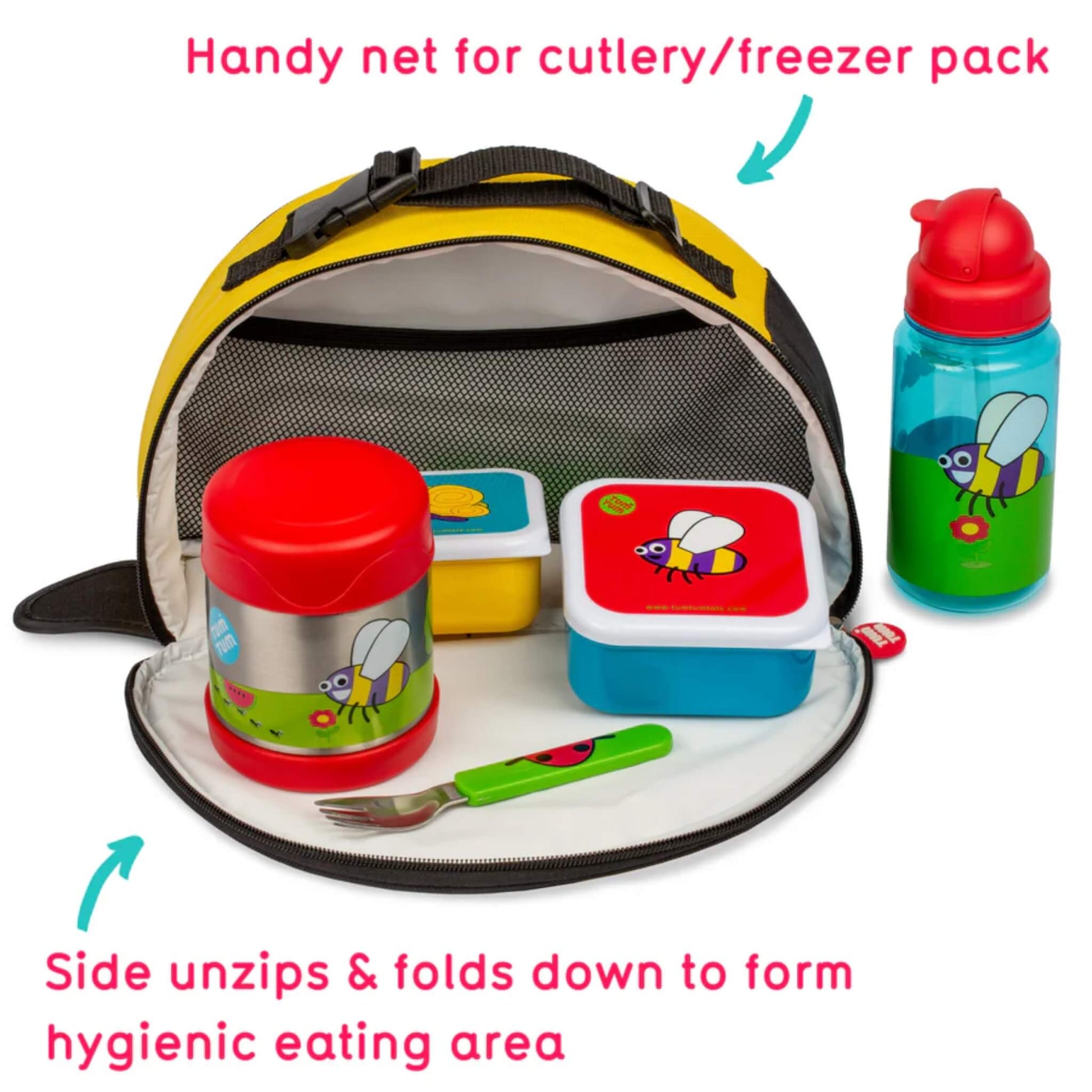 Open insulated lunch bag with zip fully unfastened, showing fold-down side panel forming a flat eating surface.