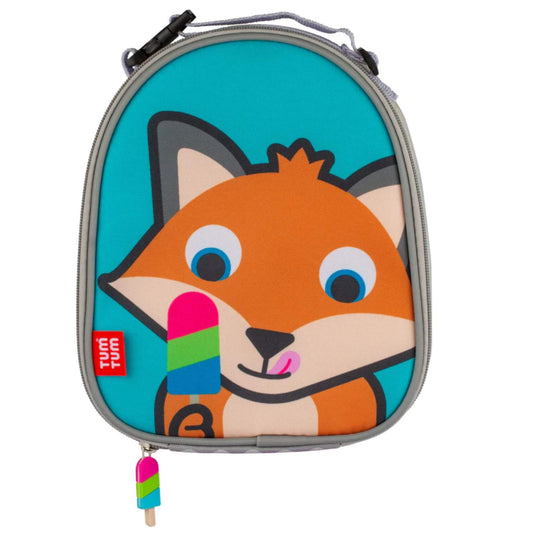 TUM TUM Insulated Lunch Bag with Felicity Fox design, showing a turquoise front panel with an illustrated fox holding an ice lolly, grey zip trim, and a clip handle at the top.