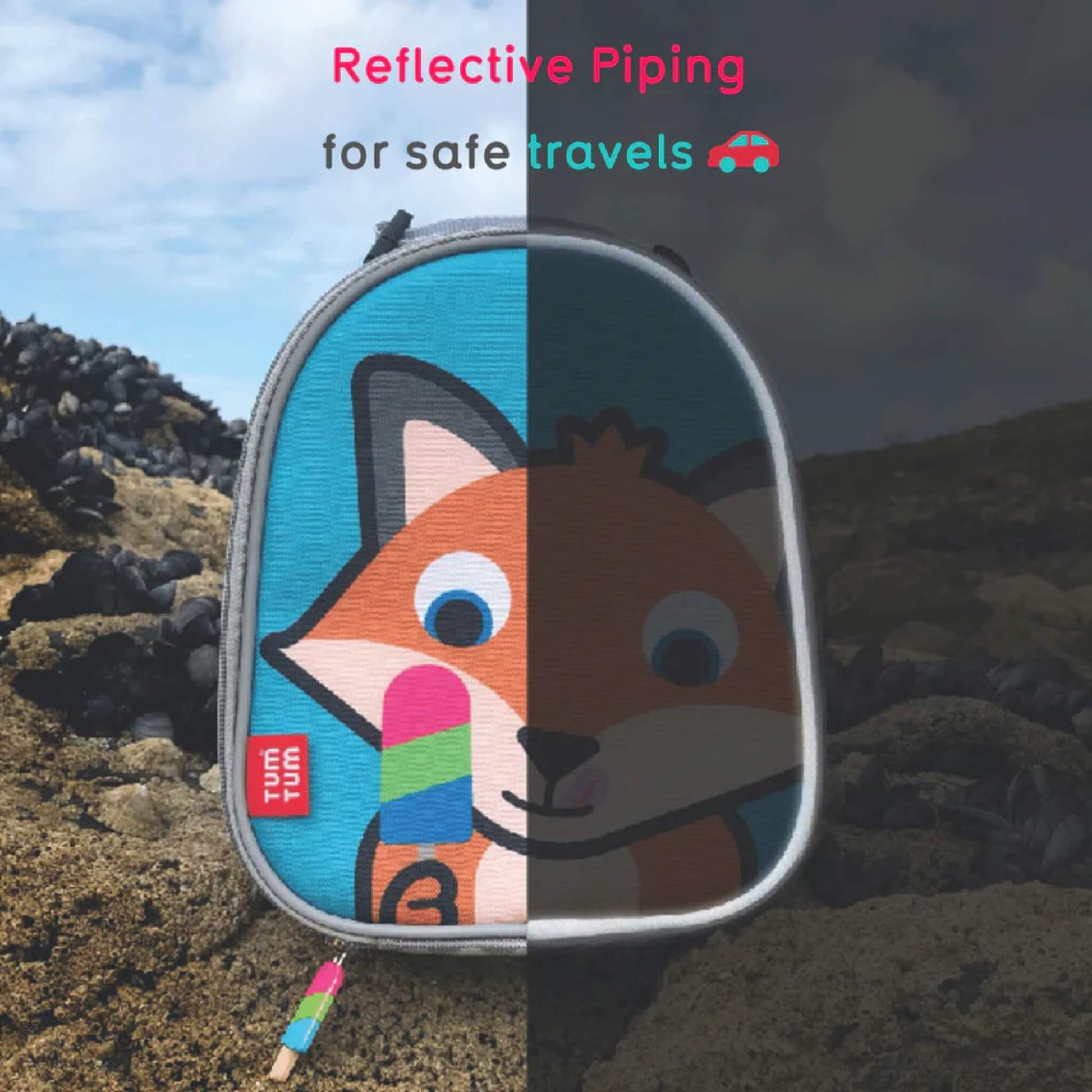 Front view of an insulated lunch bag shown split between daylight and low-light conditions, highlighting reflective piping around the edge.