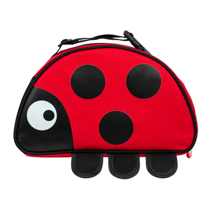 TUM TUM Insulated Lunch Bag in a red ladybird design with black spots, a rounded zip closure, carry handle, and three padded feet along the base.