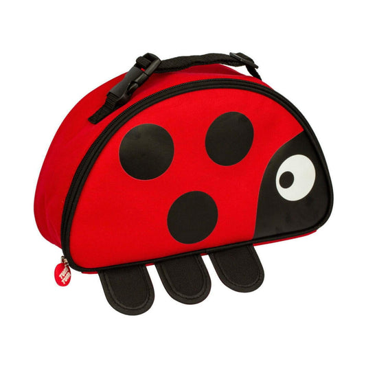 A red ladybird-shaped insulated lunch bag shown at an angle, featuring a zip opening, black carry handle with clip fastening, and padded base feet.