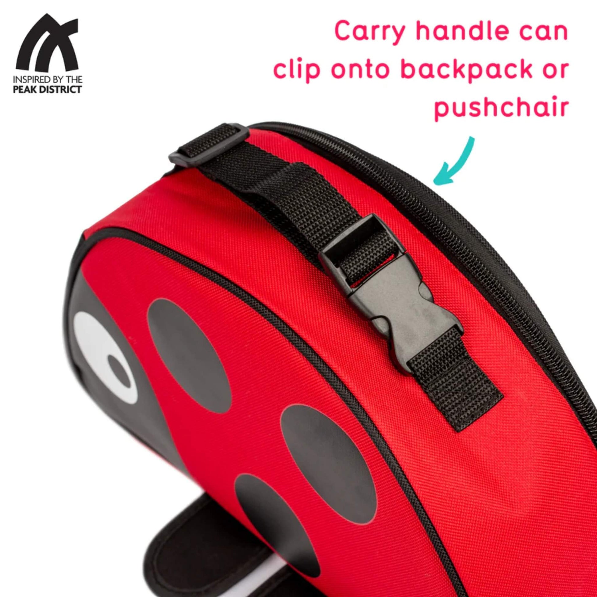 Close-up of a black carry handle with clip fastening attached to a red insulated lunch bag, showing the zip track along the top edge.