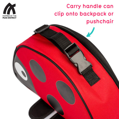 Close-up of a black carry handle with clip fastening attached to a red insulated lunch bag, showing the zip track along the top edge.