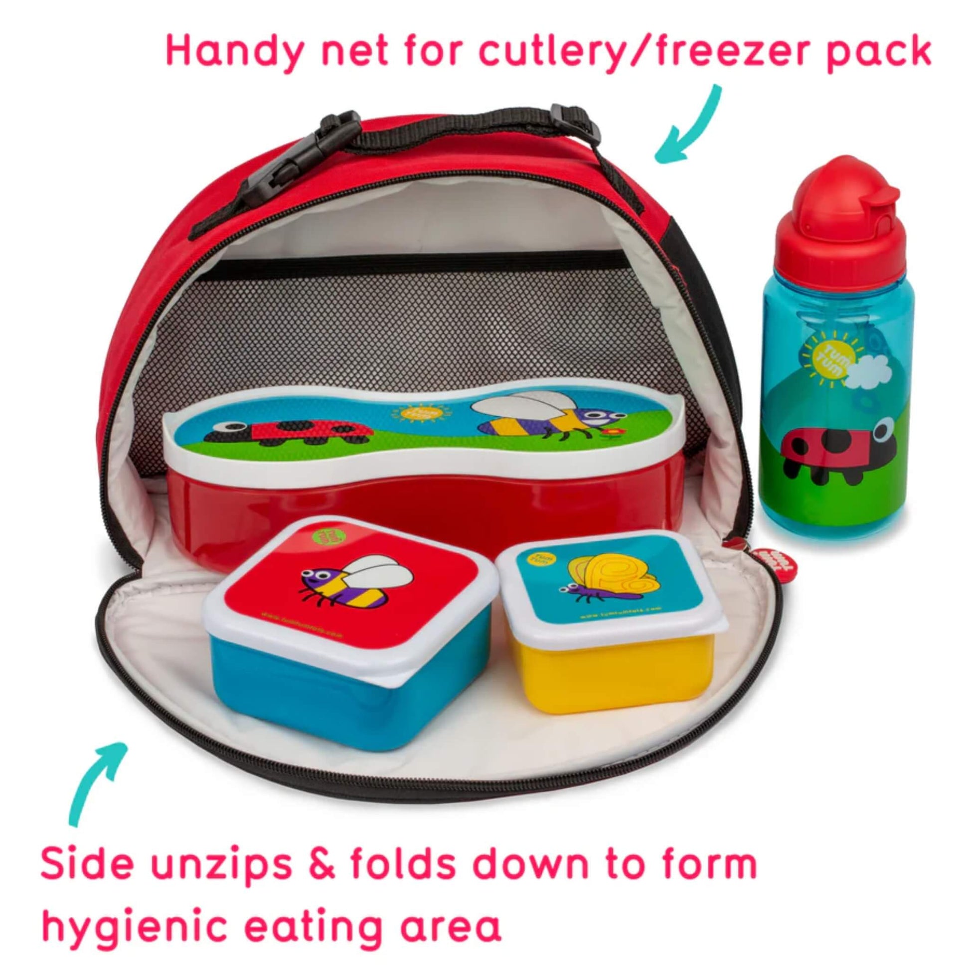 An open insulated lunch bag with a fold-down side forming a flat eating surface, showing internal mesh pocket and space holding lunch containers and a drinks bottle.