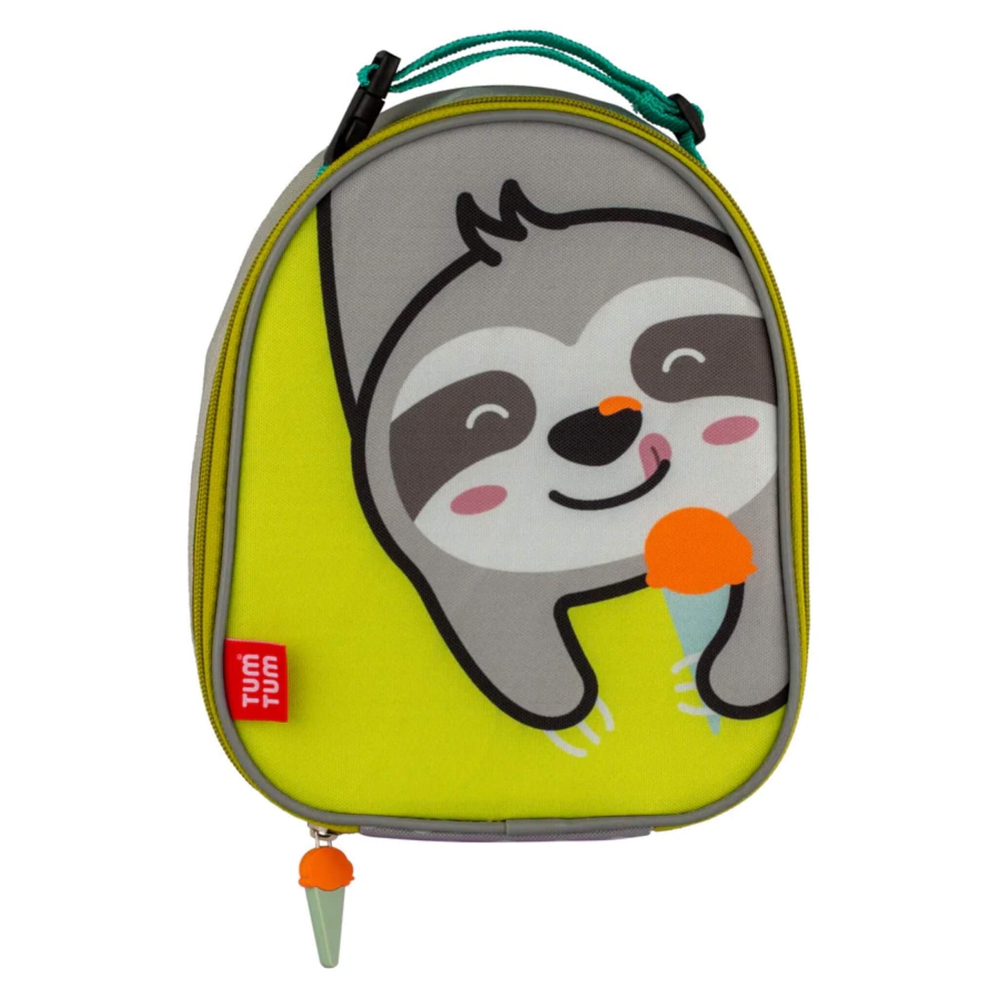 TUM TUM Stanley Sloth insulated children’s lunch bag with grey and lime green fabric, featuring a smiling sloth illustration holding an ice cream on the front panel.