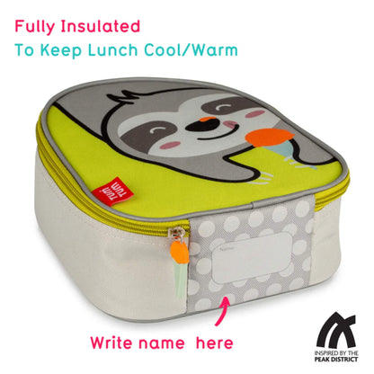 An insulated lunch bag shown closed from an angled top view, with a sloth illustration on the lid, grey sides, lime green trim, and a zip closure with an ice-cream shaped pull.